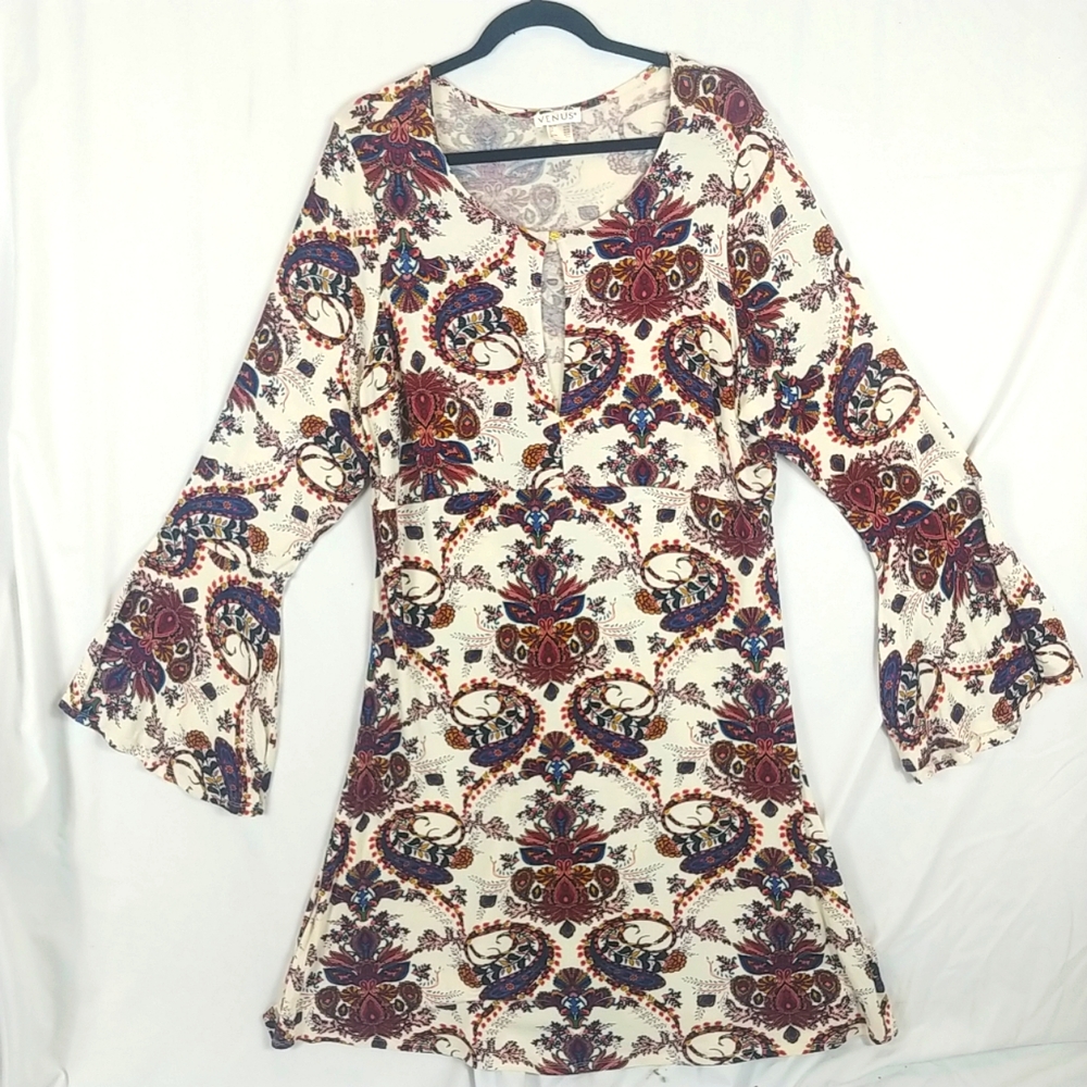 Venus Paisley Midi Womens 1x Key hole Neck Flare Sleeve Stretch